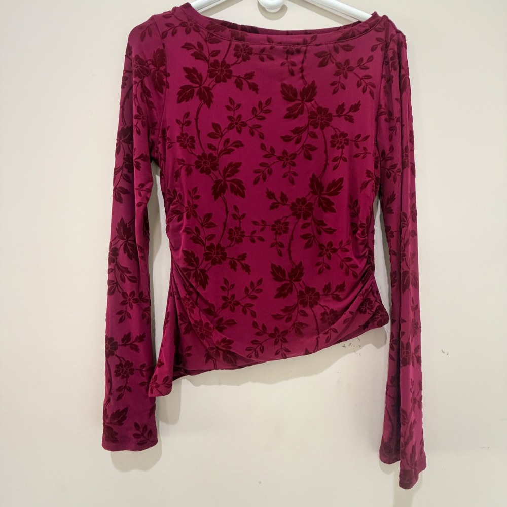 PrettyGarden Floral Velvet Burnout Ruched Asymmetric Top M Pink Fairy Whimsigoth